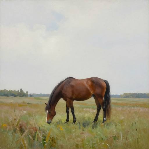 Photograph of a brown horse with a black mane and tail, grazing in a lush, green meadow under a bright, cloudy sky.