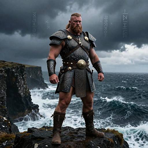 Photorealistic digital art of a muscular, bearded Viking warrior in silver armor, standing on rocky cliffs against a stormy sea.