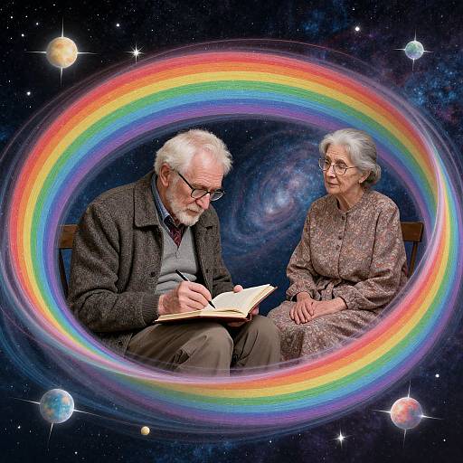 Photograph-like digital artwork of elderly couple with white hair, reading, framed by vibrant rainbow circle in starry space background.