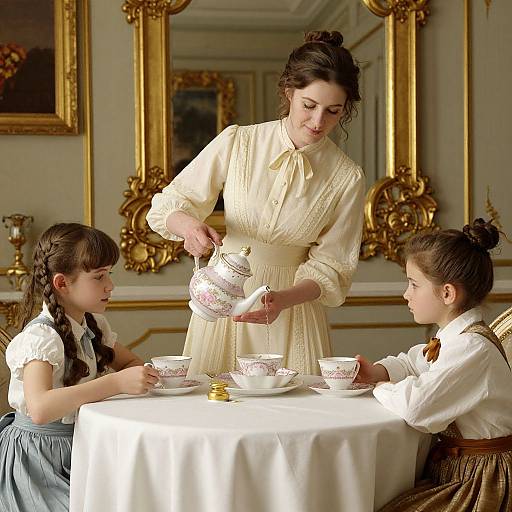 Photograph of a Victorian-era woman pouring tea from a floral teapot into two white cups held by two young girls at a round table in an orn