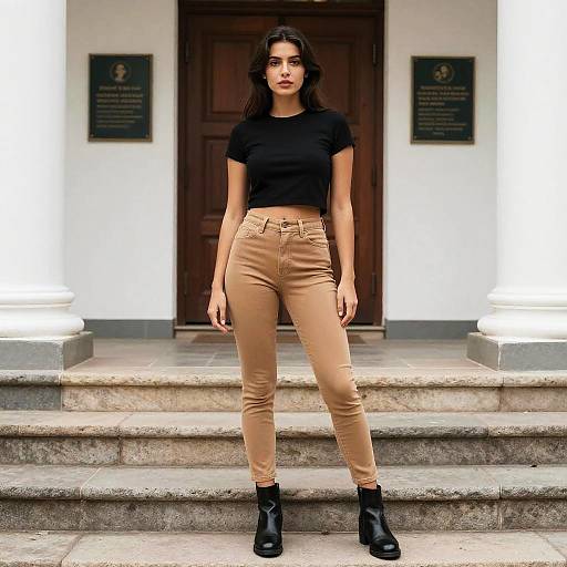 Photograph of a young woman with dark hair, wearing a black crop top, tan high-waisted jeans, and black ankle boots, standing on