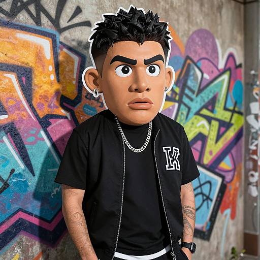 Digital cartoon of a tattooed, black-haired boy with spiked hair, wearing a black T-shirt, chain necklace, and earring, standing against colorful