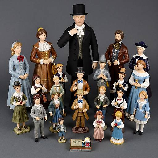 Photograph of detailed Victorian-era doll collection featuring 17 dolls in period clothing, including men in top hats and women in long dresses, standing against a