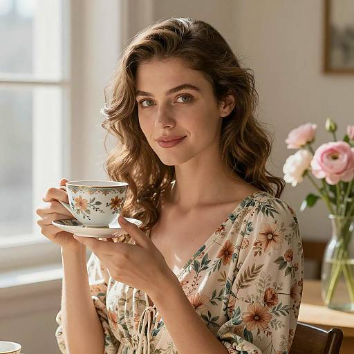 Serene Woman in Sunlit Floral Setting