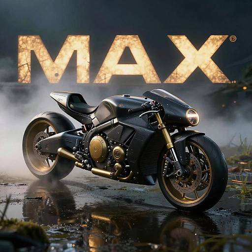 Photograph of a sleek, black sports motorcycle with gold accents and large tires, positioned in front of a glowing 