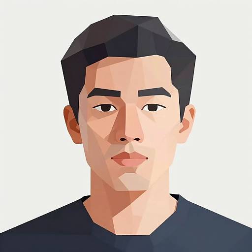 Digital, polygon-style portrait of an Asian man with short black hair, light skin, black shirt, and neutral expression against a white background.
