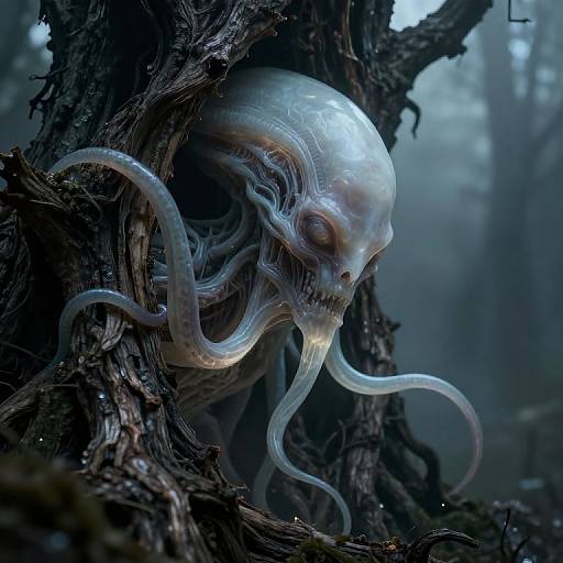 Digital artwork of a translucent, alien-like creature with tentacle-like appendages and a glowing blue skull, emerging from a dark, twisted tree in a