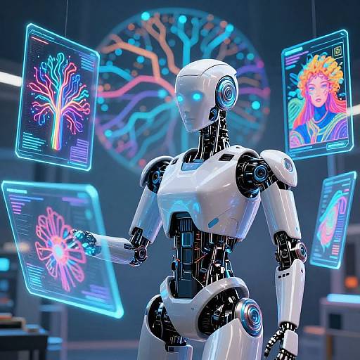 Digital CGI of a white and black humanoid robot with glowing blue eyes, holding neon holographic screens displaying vibrant, colorful trees and a person with colorful hair