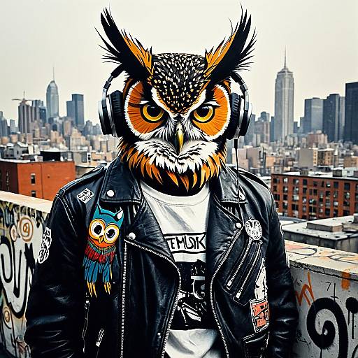 Owl in Leather Jacket with Headphones on Urban Rooftop