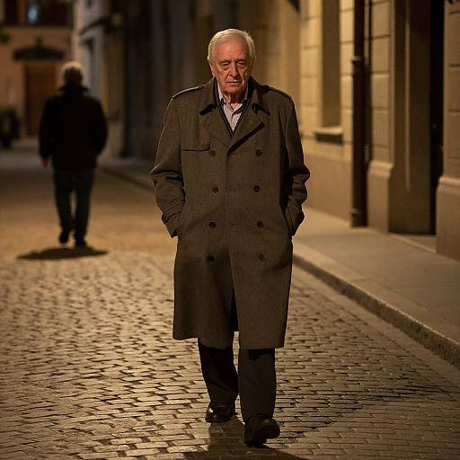 Photograph of an older white man with grey hair, wearing a long dark brown trench coat, standing on a cobblestone street at night, with