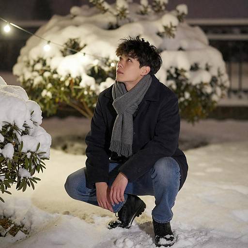 Crouching Young Man in Snowy Garden
