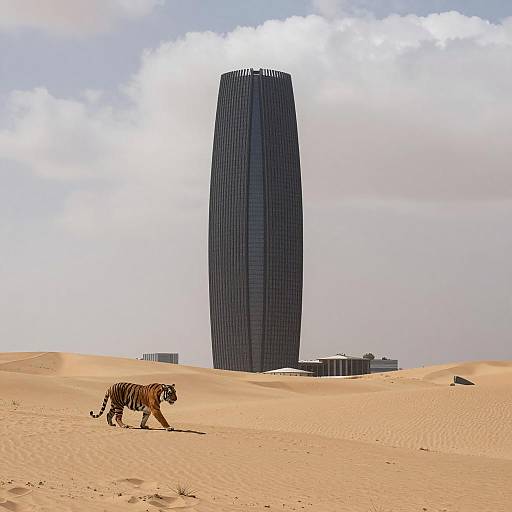 Tiger Walking in Desert with Skyscraper