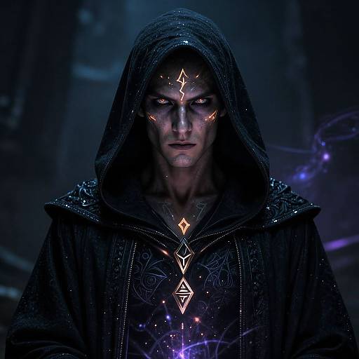 Mysterious, intense man in dark hooded cloak with glowing, electric-patterned face markings and intricate, starry robe in blue-lit, mystical