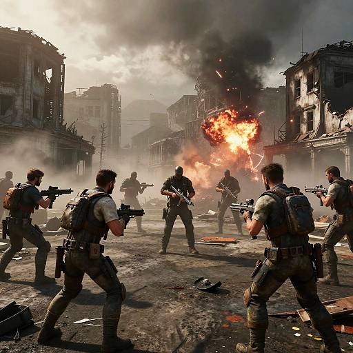 Photograph of intense urban warfare scene: six soldiers with rifles, camo gear, and backpacks, crouching amidst burning, smoke-filled,