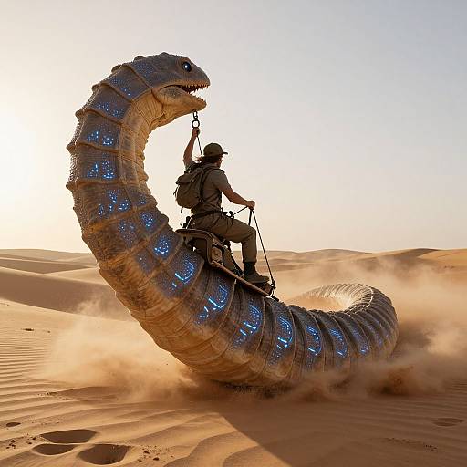 Photograph of a silhouetted astronaut riding a large, segmented, blue-lit robotic sandworm across a sunlit desert dune.