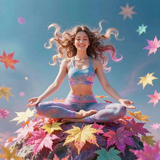 Photograph of a smiling, long-haired woman meditating in a lotus position on a colorful autumn leaf pile, wearing a blue galaxy sports bra and