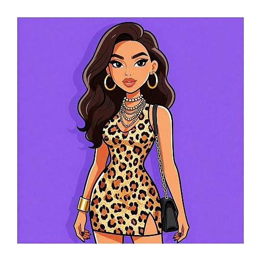 Digital illustration of a stylish woman with long, wavy black hair, wearing a leopard print dress, large hoop earrings, multiple necklaces, and a
