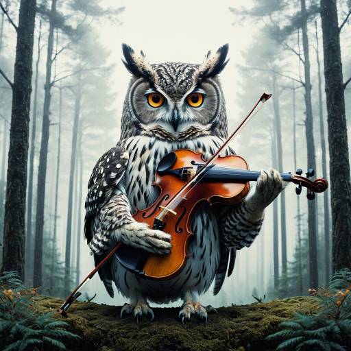 Owl Playing Violin in Misty Forest