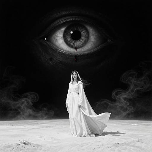 Photograph-like digital art of a woman in a flowing white dress standing before a massive, detailed eye in a black background. Smoky textures and a