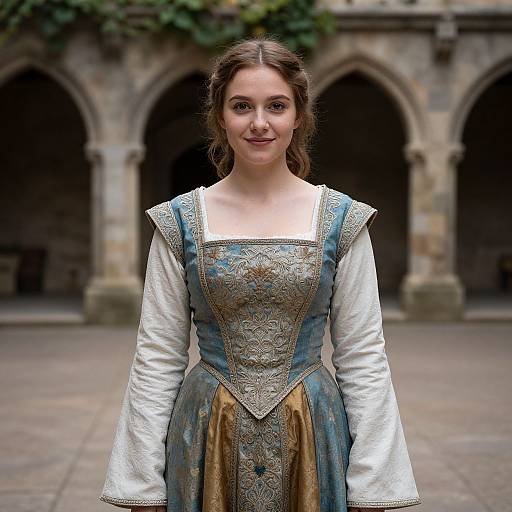 Photograph of a young woman with fair skin and brown hair in a medieval-style blue and gold dress with white sleeves, standing in front of a stone