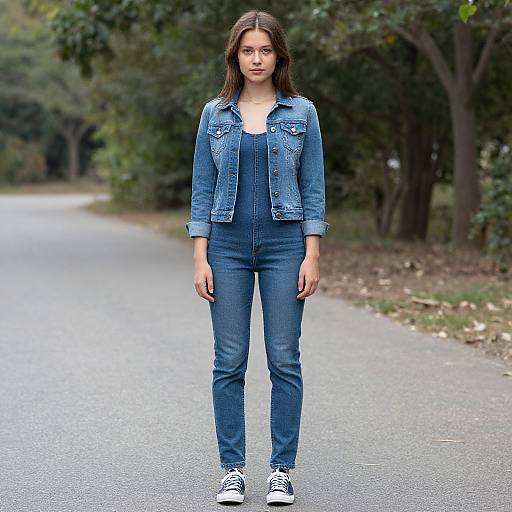 Photograph of a young woman with long brown hair, wearing a blue denim jacket, blue jeans, and white sneakers, standing on a tree-lined paved