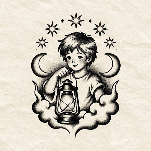 Vintage Tattoo Child Lantern Illustration