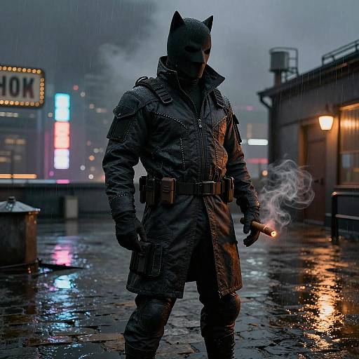 Noir Vigilante Wolf on Rainy Rooftop