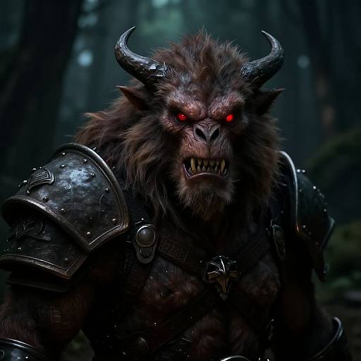 Digital artwork of a fierce, muscular demon with glowing red eyes, black horns, and dark fur, wearing shiny, detailed armor in a dark, mist