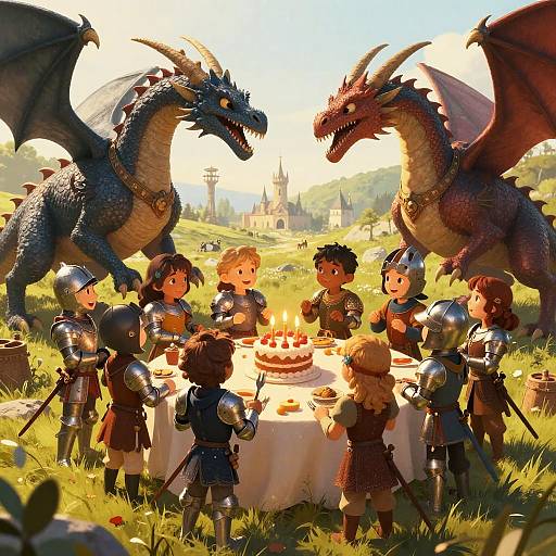 Digital illustration of six armored children celebrating around a candlelit cake, surrounded by two dragons in a sunlit, grassy meadow with a castle in