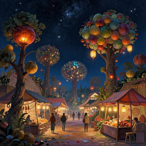 Fantasy market night: colorful fruit trees with glowing lanterns, starry sky, illuminated stalls, people shopping, vibrant, whimsical, digital art