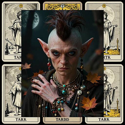 Photograph of a pale-skinned, pointed-eared, punk-styled elf with dark mohawk, blue eyes, and colorful jewelry, superim