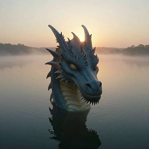 Photograph of a blue-scaled dragon with sharp horns and yellow eyes emerging from a misty lake at sunrise, reflecting golden light.