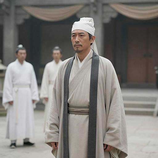 Middle-Aged Man in Traditional Robe in Ancient Courtyard