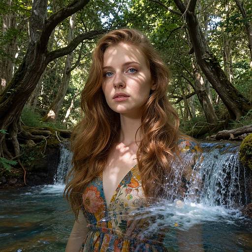 Photograph of a fair-skinned, red-haired woman with wavy hair, wearing a floral dress, standing in a sunlit forest waterfall. D