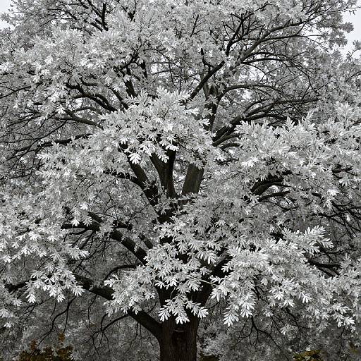 Photograph of a large tree with dense, white, leafy branches against a dark, gray sky, creating a striking contrast.