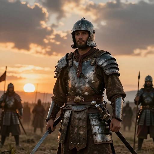 Photograph of a serious, armored warrior with a metallic helmet, holding a sword, in a sunset battlefield with fellow soldiers.