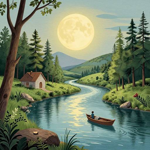 Moonlit River Landscape with Boat and Cottage