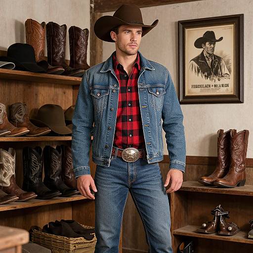 Photograph of a handsome, blue-eyed, bearded man in a brown cowboy hat, red plaid shirt, and blue denim jacket, standing in