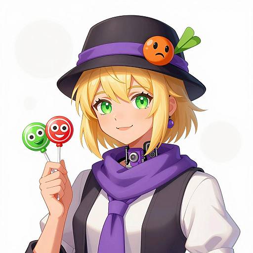 Anime Style Blonde Woman with Mechanical Neck and Lollipops