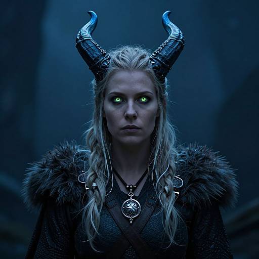 Photograph of a serious blonde woman with glowing green eyes, black dragon horns, and fur cloak, set in a blue-lit, dark background.