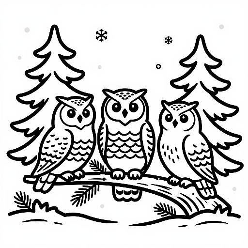 Three snowy owls on a branch winter illustration