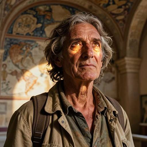 Photograph of an elderly man with wavy gray hair, glowing amber eyes, wearing a camouflage jacket, and backpack, standing in a sunlit,