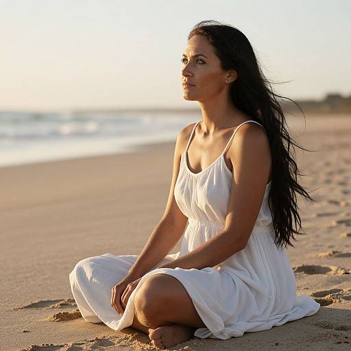 Photograph of a woman with long black hair, wearing a white dress, sitting on a sandy beach at sunset, gazing into the distance.