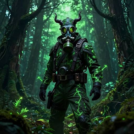 Digital art: Dark forest scene with glowing green moss, a mysterious figure in black tactical gear, horned gas mask, and glowing green accents, standing