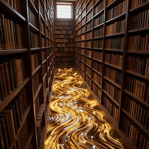 Photograph of a library aisle with dark wooden shelves, filled with books, illuminated by swirling, golden light trails on the floor.