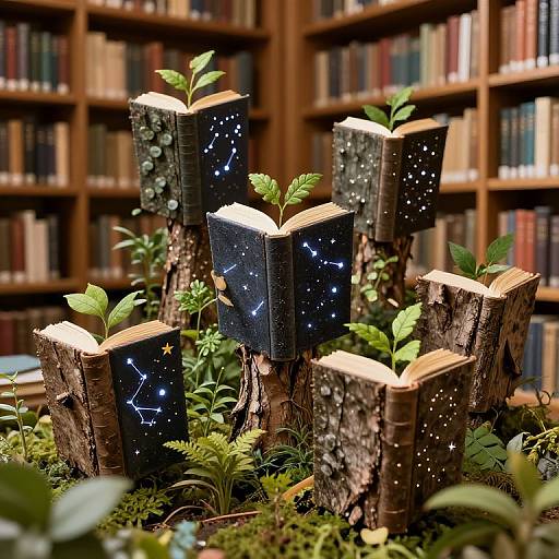 Photograph of five wooden book stump planters with open books, adorned with glowing star constellations, surrounded by green plants and moss, set in