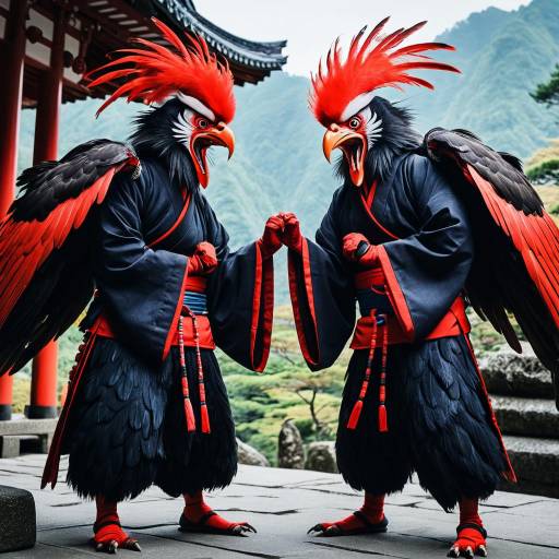 Tengu Brothers in Traditional Costume at Mountain Temple