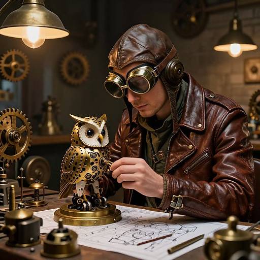 Photograph of a steampunk artist in brown leather jacket and goggles, working on a mechanical owl blueprint in a dimly lit workshop.