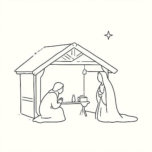 Black and white line drawing of two figures under a simple roof, one kneeling, one standing, with a small star above.
