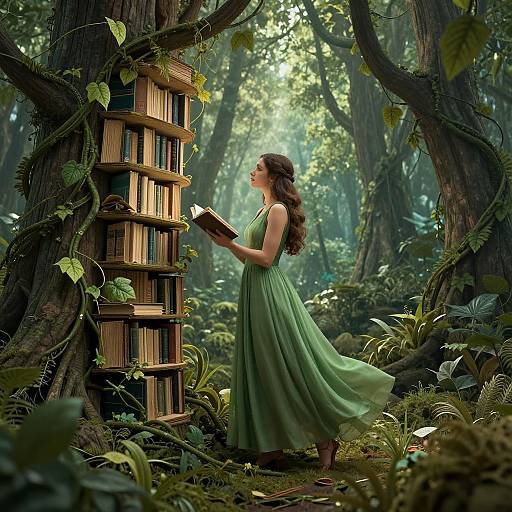 Photograph-like digital art: Young woman in flowing green dress, reading book from wooden bookshelf integrated into a tree, in lush, sunlit forest